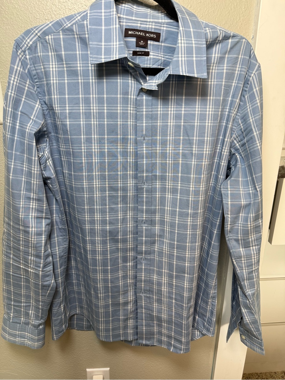 Michael Kors Men’s Blue Plaid Slim Fit Button Down Shirt Medium